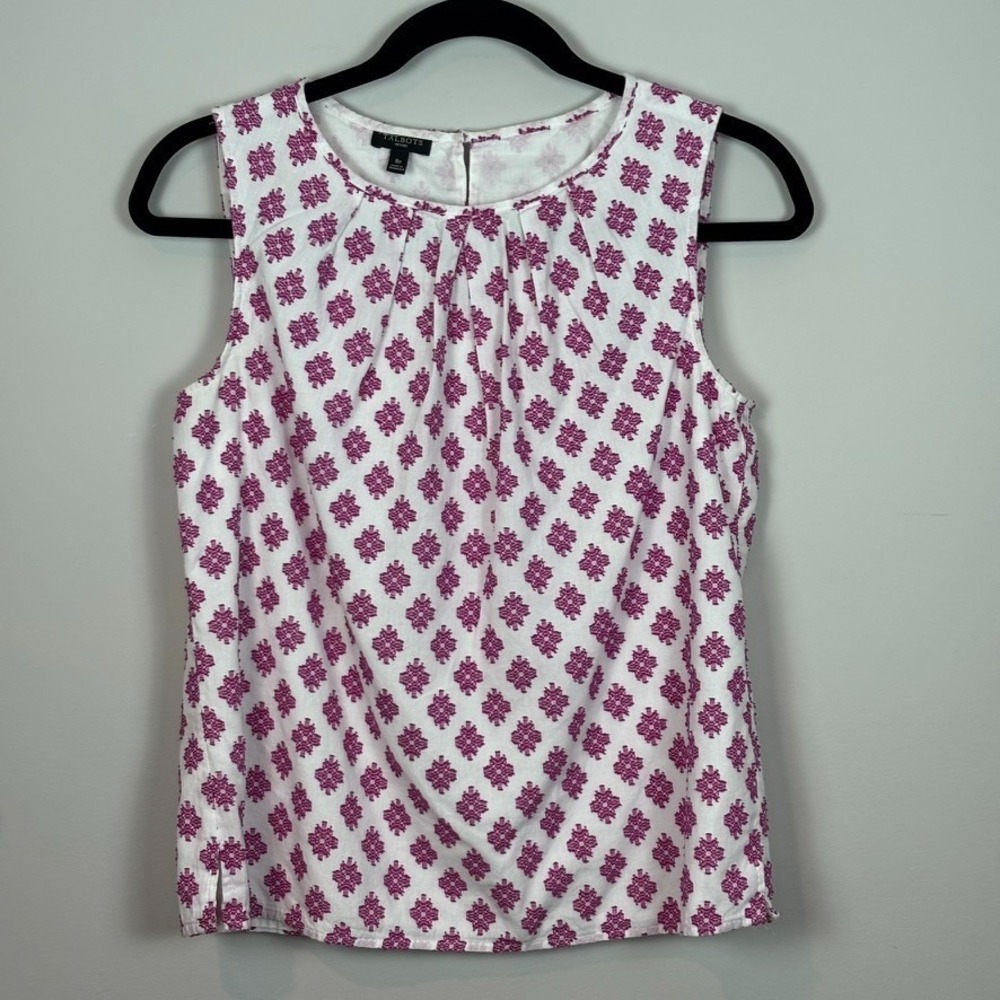 Talbots Womens Lined Pink Floral Embroidered Ruched Hem‎ Sleeveless Top 8 Petite